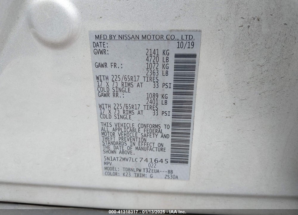 2020 NISSAN ROGUE S INTELLIGENT AWD VIN: 5N1AT2MV7LC741645