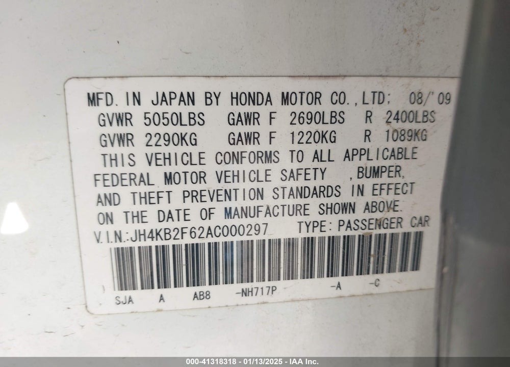 2010 ACURA RL VIN: JH4KB2F62AC000297
