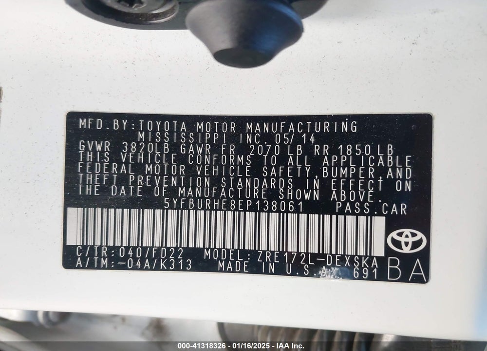 2014 TOYOTA COROLLA S PLUS VIN: 5YFBURHE8EP138061