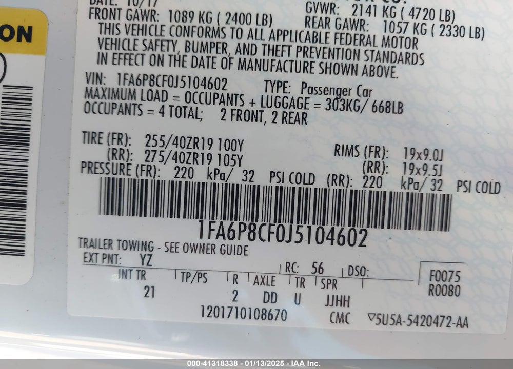 2018 FORD MUSTANG VIN: 1FA6P8CF0J5104602