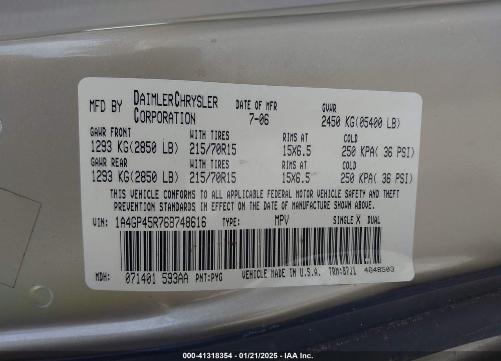 2006 CHRYSLER TOWN & COUNTRY VIN: 1A4GP45R76B748616