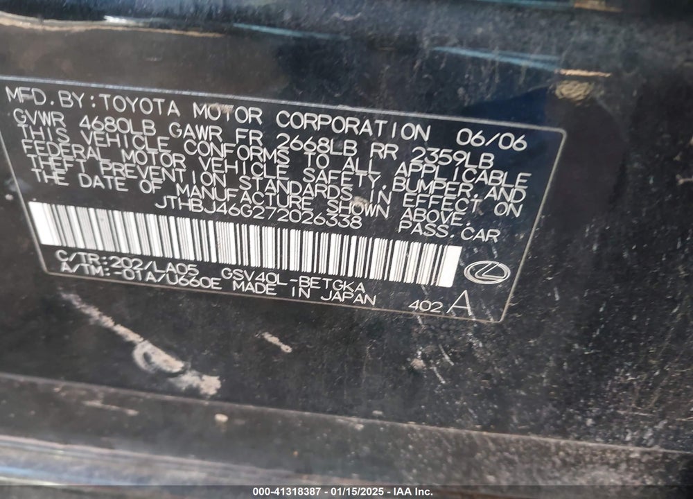 2007 LEXUS ES 350 VIN: JTHBJ46G272026338