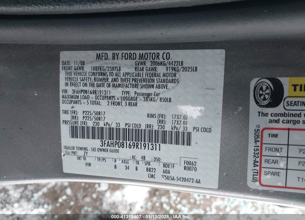 2009 FORD FUSION VIN: 3FAHP08169R191311