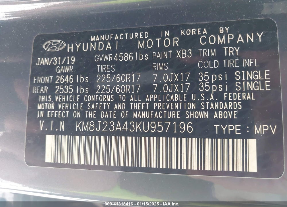 2019 HYUNDAI TUCSON SE VIN: KM8J23A43KU957196