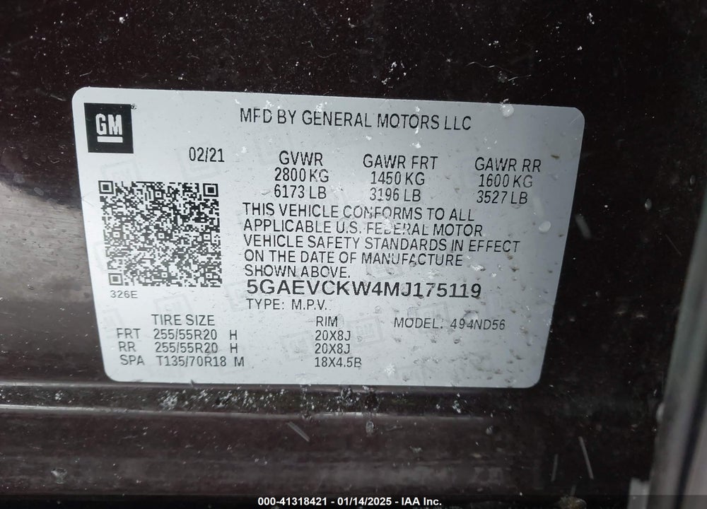 2021 BUICK ENCLAVE VIN: 5GAEVCKW4MJ175119