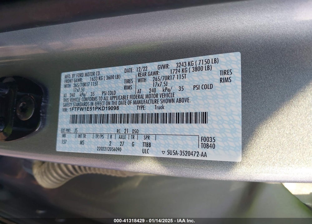2023 FORD F-150 VIN: 1FTFW1E51PKD19098