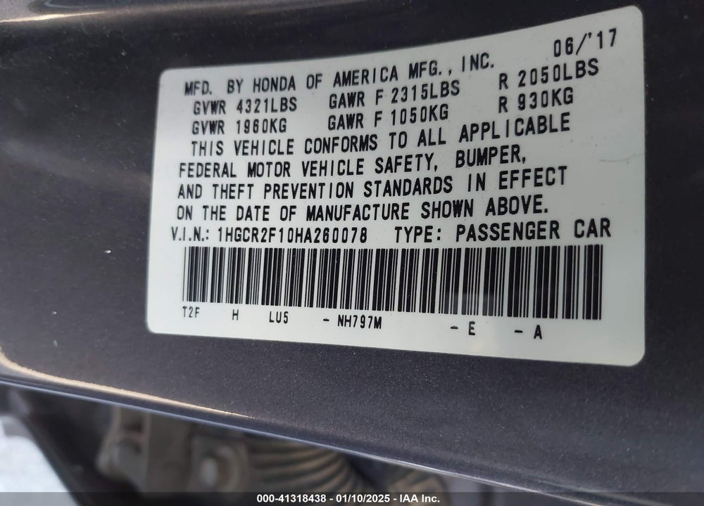 2017 HONDA ACCORD VIN: 1HGCR2F10HA260078