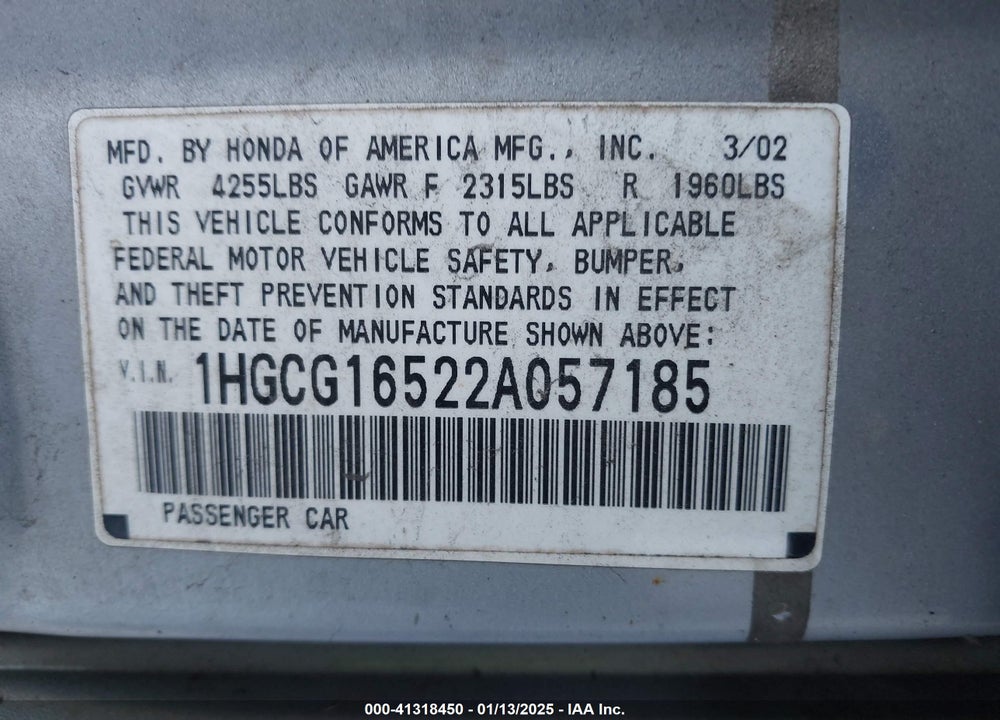 2002 HONDA ACCORD 3.0 EX VIN: 1HGCG16522A057185