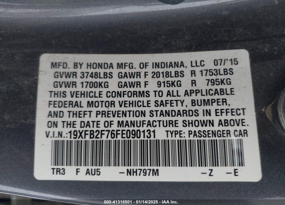 2015 HONDA CIVIC SEDAN VIN: 19XFB2F76FE090131