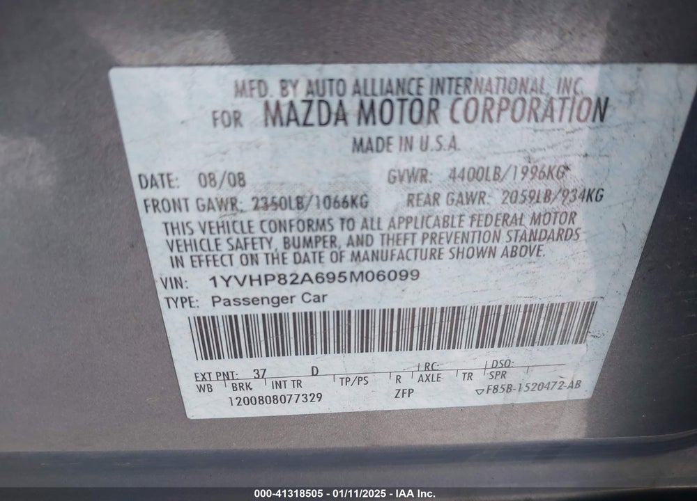 2009 MAZDA 6 I GRAND TOURING VIN: 1YVHP82A695M06099