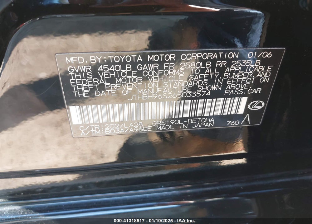 2006 LEXUS GS 300 VIN: JTHBH96S265033574