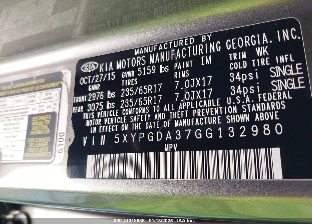 2016 KIA SORENTO 2.4L LX VIN: 5XYPGDA37GG132980