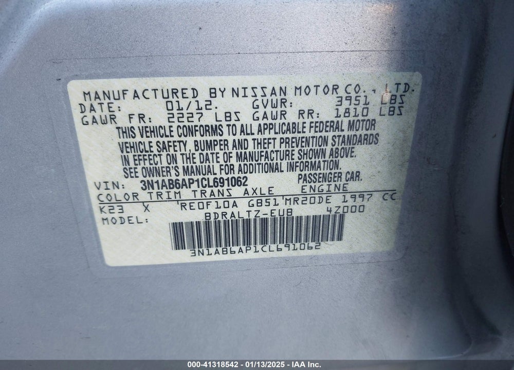 2012 NISSAN SENTRA VIN: 3N1AB6AP1CL691062