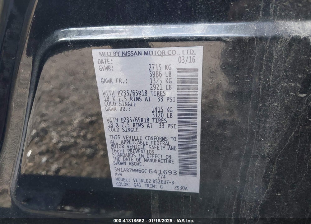 2016 NISSAN PATHFINDER VIN: 5N1AR2MM6GC641693