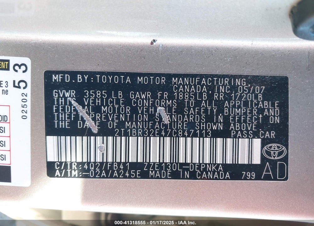 2007 TOYOTA COROLLA LE VIN: 2T1BR32E47C847113