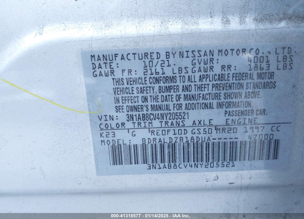 2022 NISSAN SENTRA VIN: 3N1AB8CV4NY205521