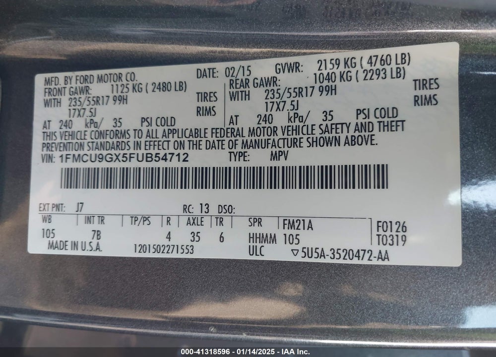2015 FORD ESCAPE SE VIN: 1FMCU9GX5FUB54712
