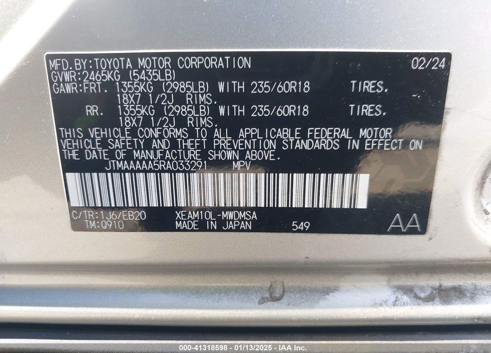 2024 TOYOTA BZ4X XLE VIN: JTMAAAAA5RA033291