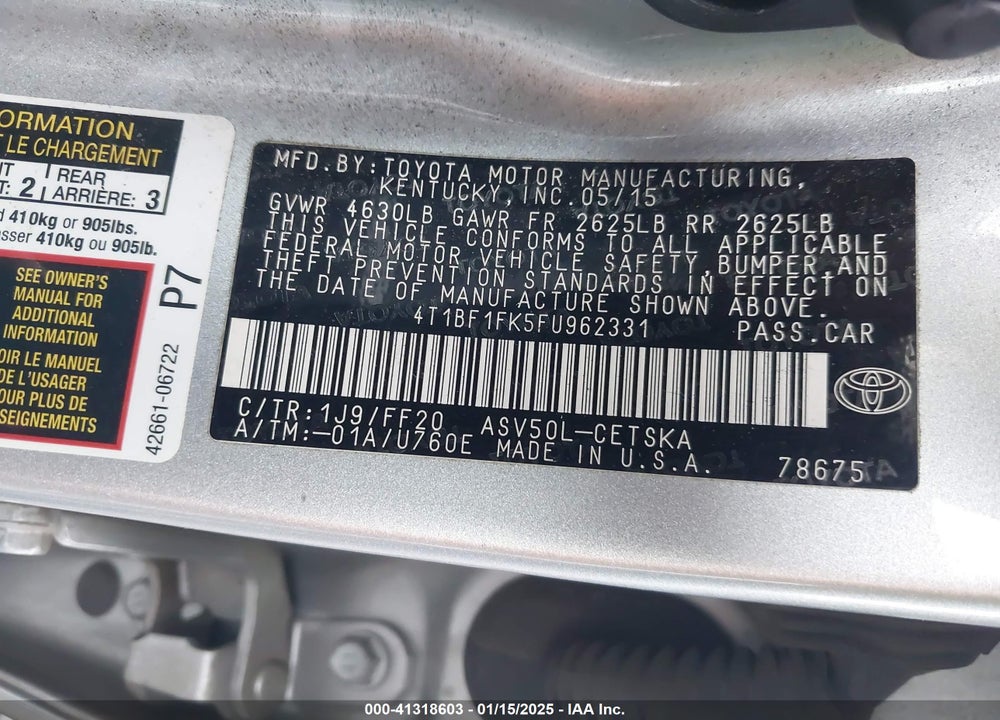 2015 TOYOTA CAMRY VIN: 4T1BF1FK5FU962331