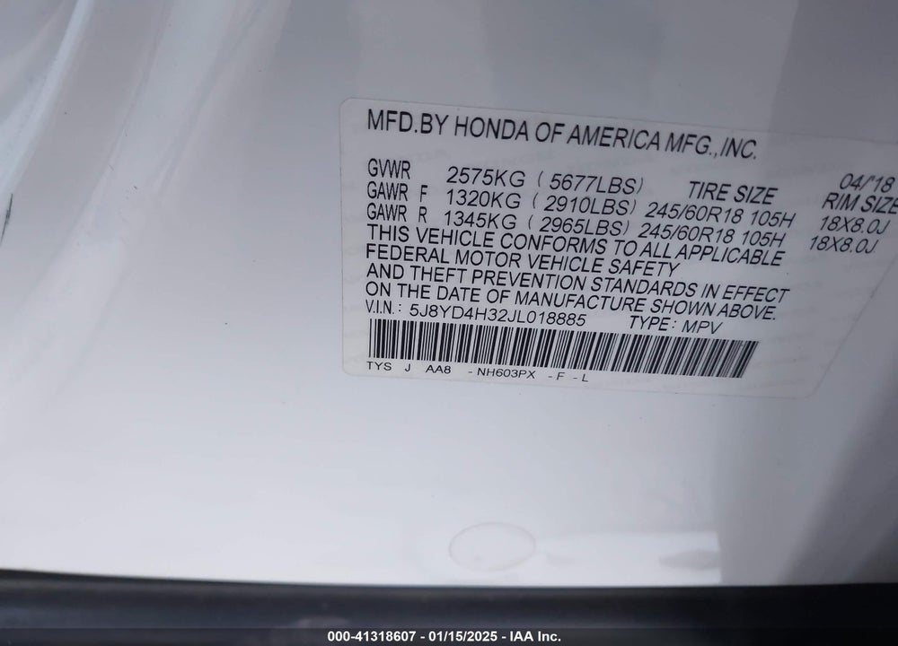 2018 ACURA MDX VIN: 5J8YD4H32JL018885