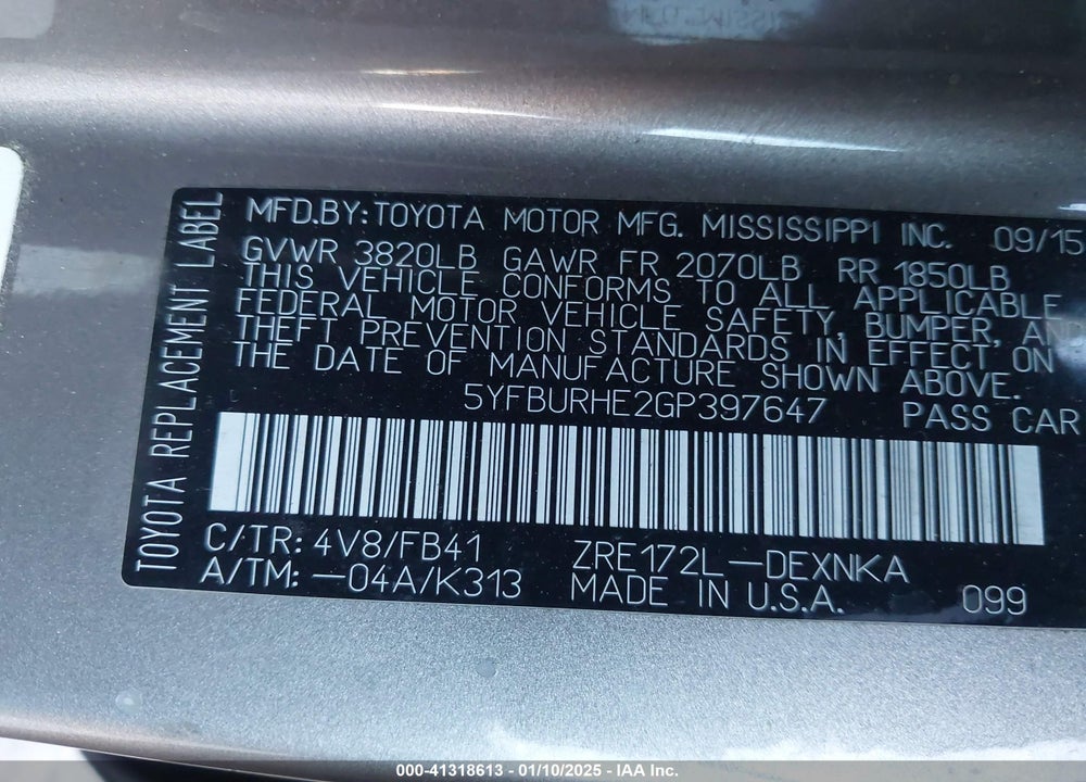 2016 TOYOTA COROLLA VIN: 5YFBURHE2GP397647