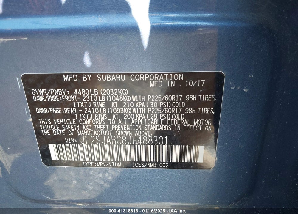 2018 SUBARU FORESTER VIN: JF2SJABC8JH488301