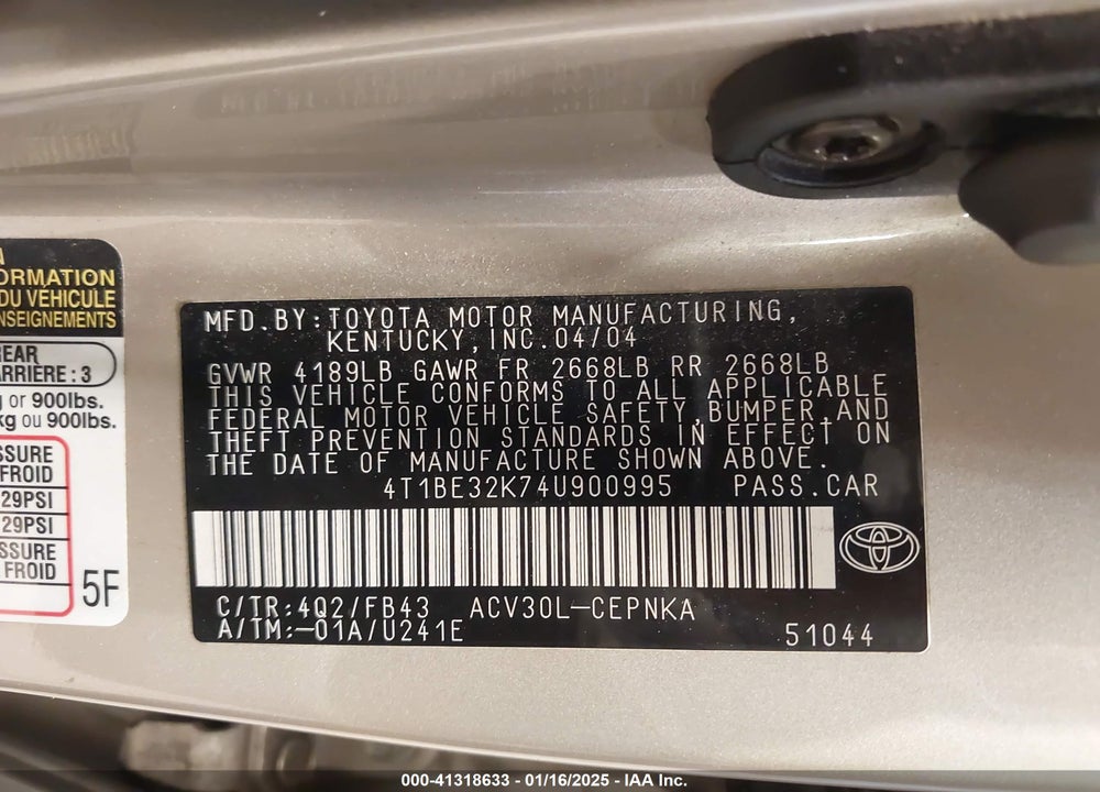 2004 TOYOTA CAMRY LE VIN: 4T1BE32K74U900995