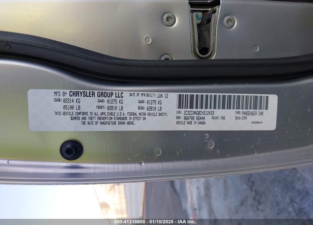 2012 CHRYSLER 300 VIN: 2C3CCAAG8CH312433
