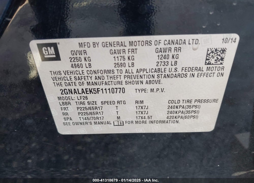 2015 CHEVROLET EQUINOX LS VIN: 2GNALAEK5F1110770