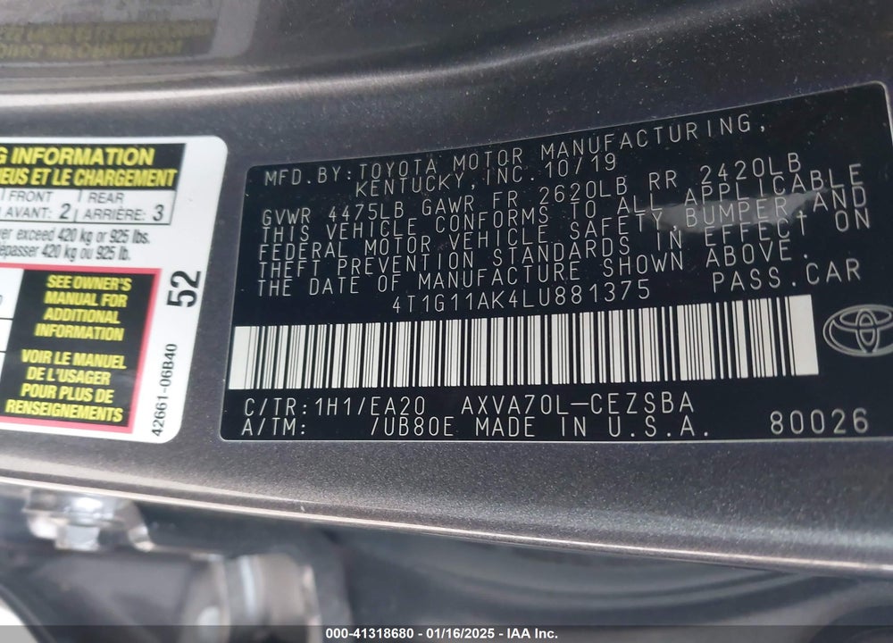 2020 TOYOTA CAMRY SE VIN: 4T1G11AK4LU881375