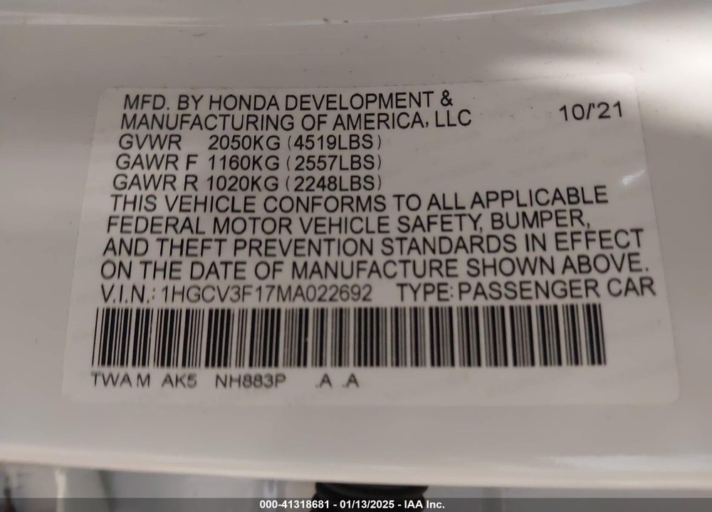 2021 HONDA ACCORD VIN: 1HGCV3F17MA022692