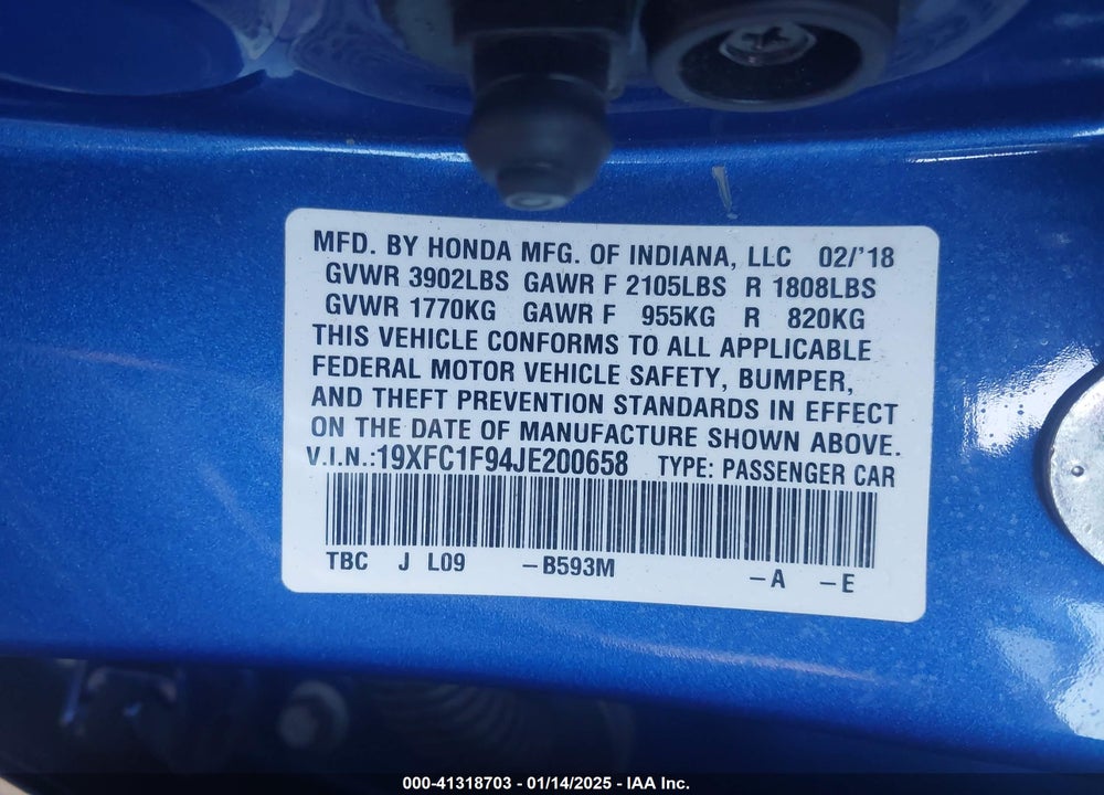 2018 HONDA CIVIC TOURING VIN: 19XFC1F94JE200658