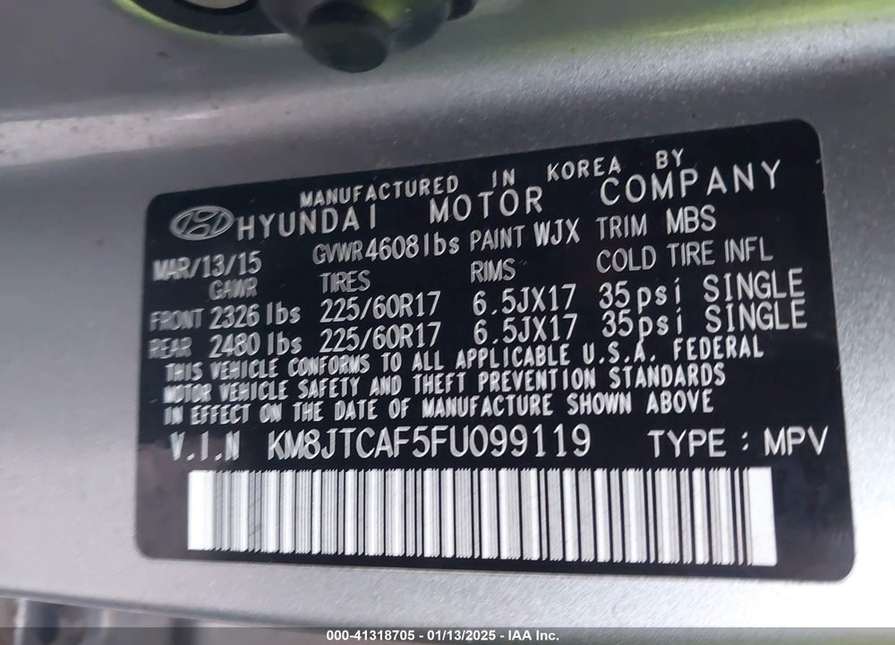 2015 HYUNDAI TUCSON GLS VIN: KM8JTCAF5FU099119