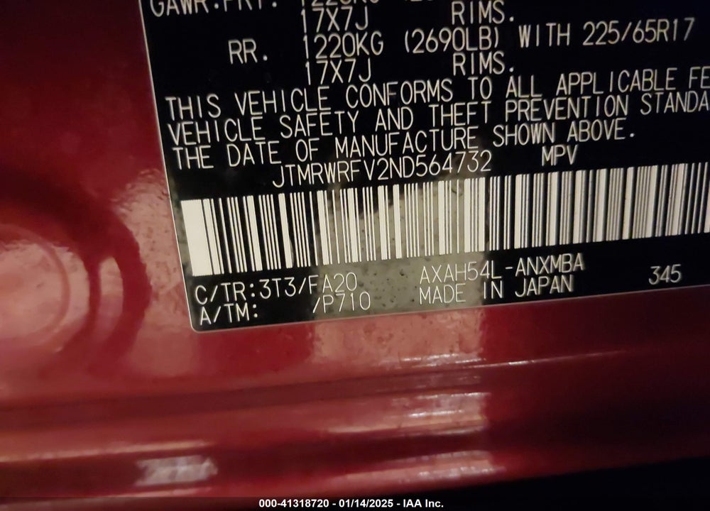 2022 TOYOTA RAV4 HYBRID XLE VIN: JTMRWRFV2ND564732