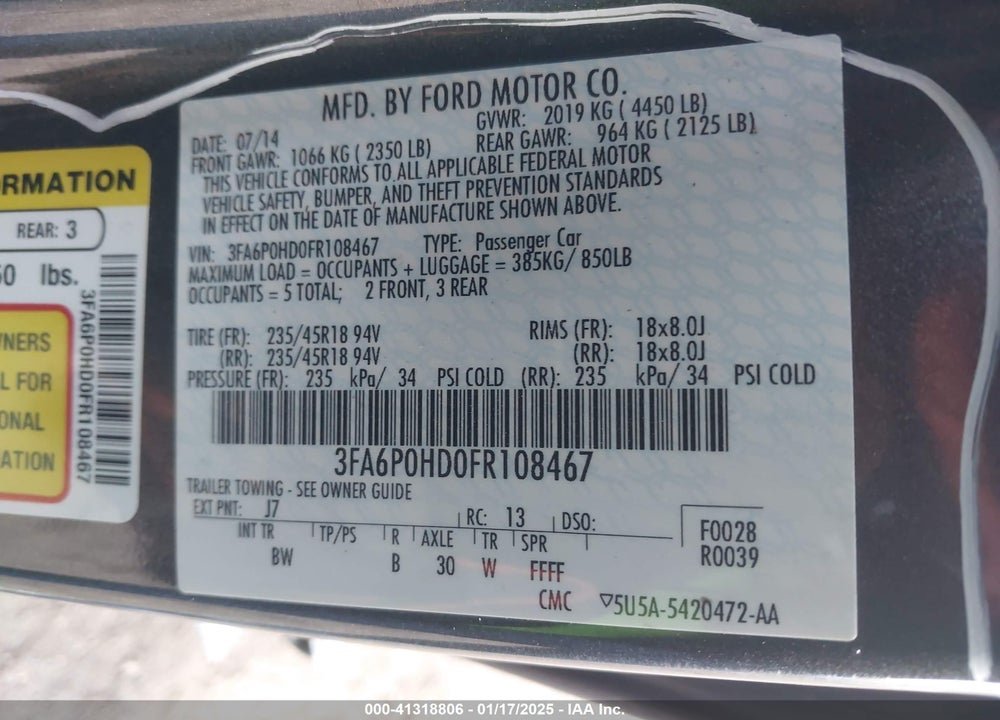2015 FORD FUSION SE VIN: 3FA6P0HD0FR108467