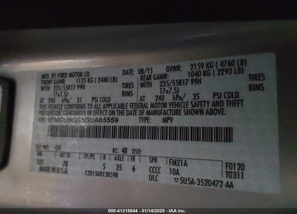 2016 FORD ESCAPE SE VIN: 1FMCU9GX3GUA65559