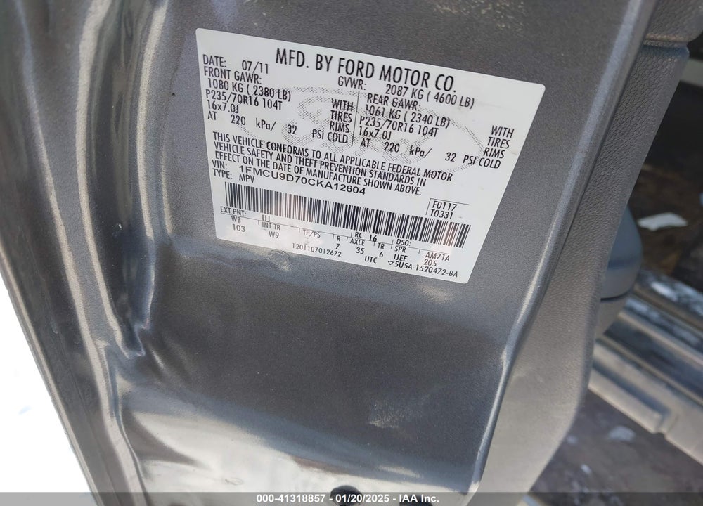 2012 FORD ESCAPE XLT VIN: 1FMCU9D70CKA12604