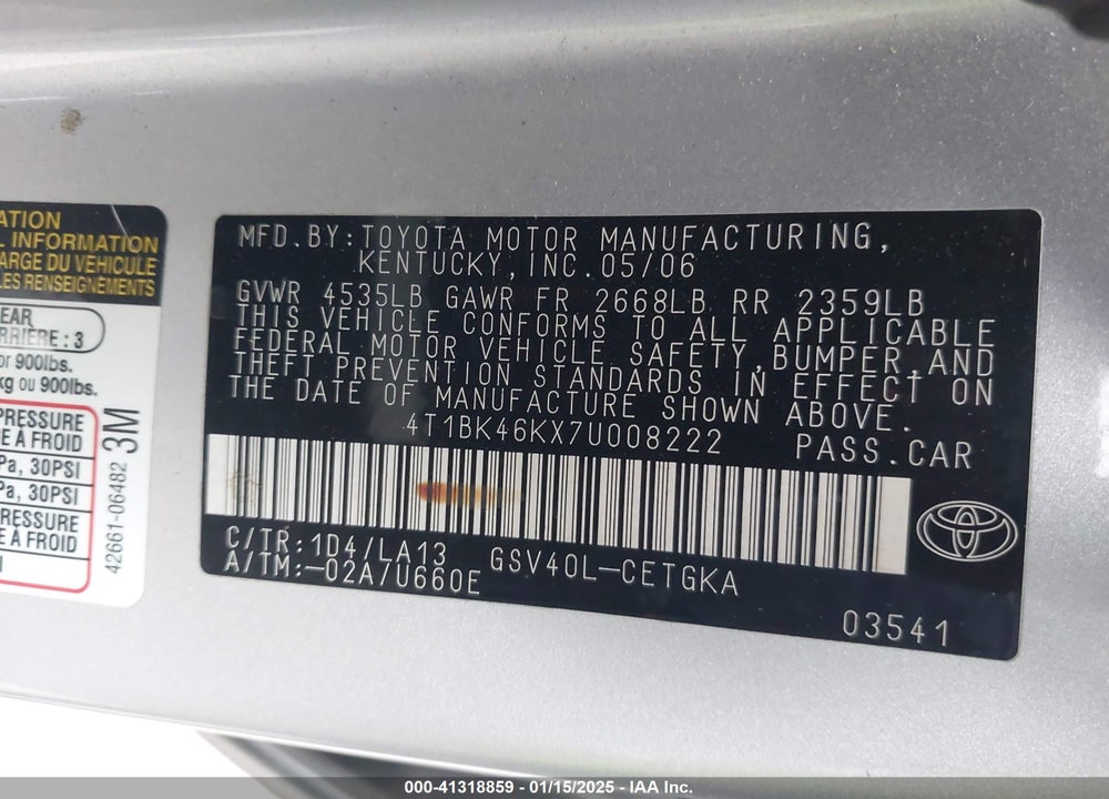 2007 TOYOTA CAMRY VIN: 4T1BK46KX7U008222