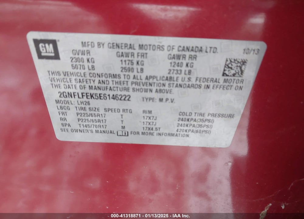 2014 CHEVROLET EQUINOX 1LT VIN: 2GNFLFEK5E6146222