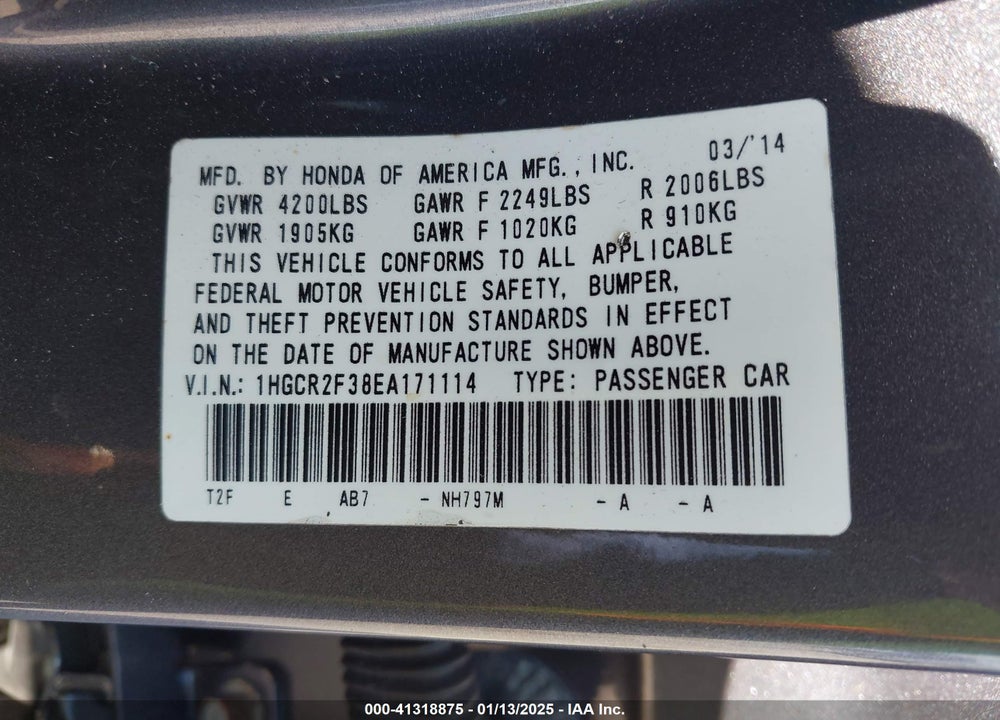 2014 HONDA ACCORD VIN: 1HGCR2F38EA171114
