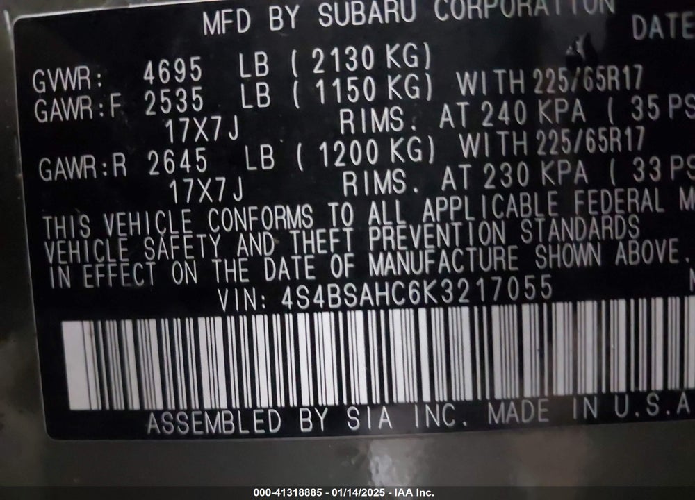 2019 SUBARU OUTBACK 2.5I PREMIUM VIN: 4S4BSAHC6K3217055