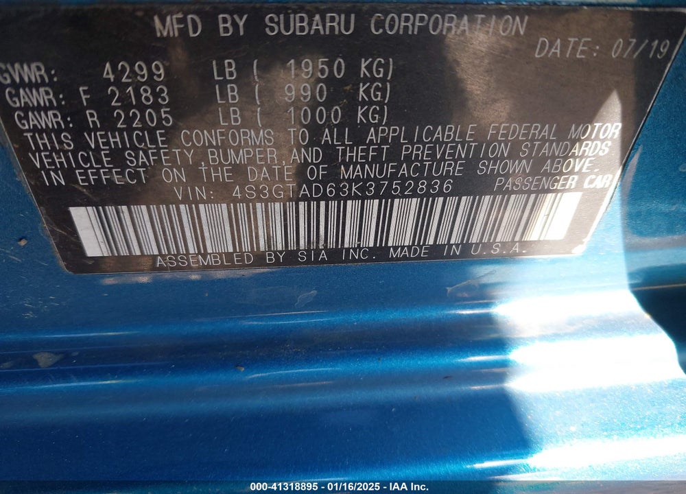 2019 SUBARU IMPREZA VIN: 4S3GTAD63K3752836