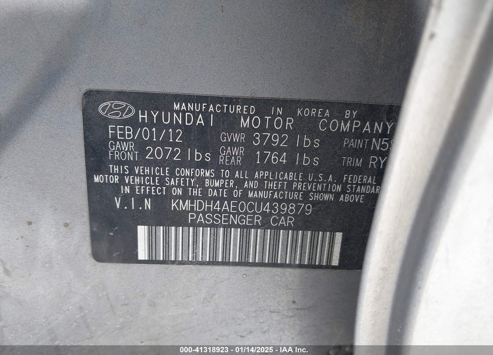 2012 HYUNDAI ELANTRA LIMITED (ULSAN PLANT) VIN: KMHDH4AE0CU439879