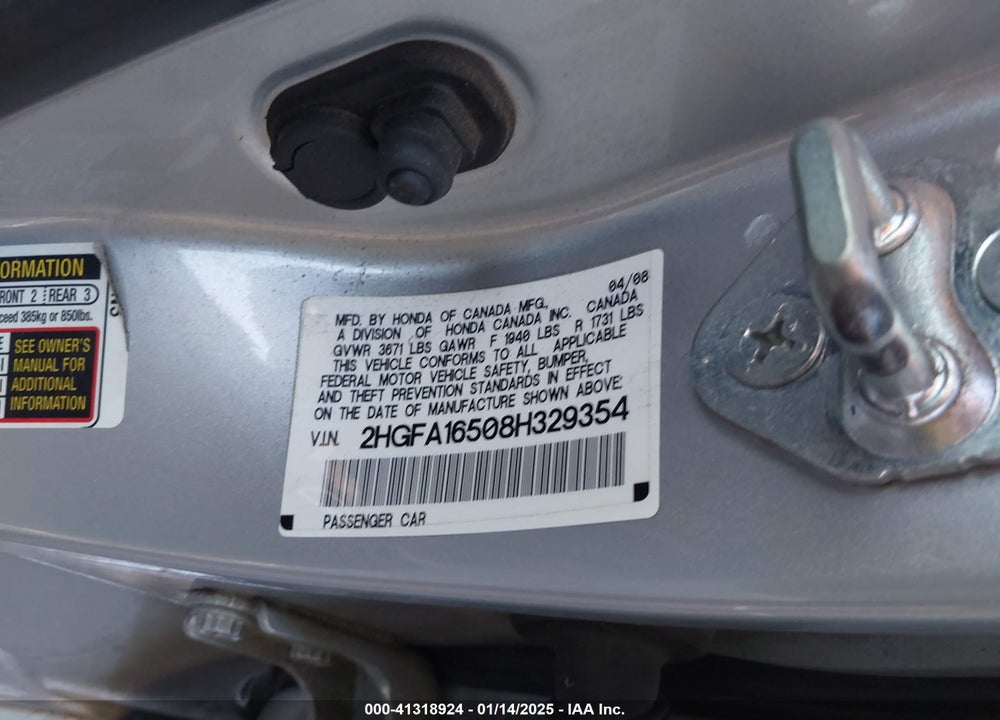 2008 HONDA CIVIC SDN VIN: 2HGFA16508H329354