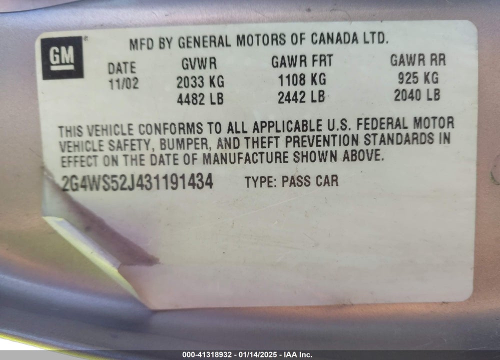 2003 BUICK CENTURY CUSTOM VIN: 2G4WS52J431191434