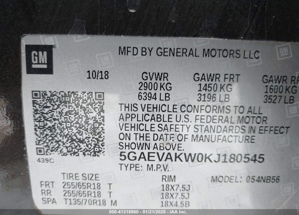 2019 BUICK ENCLAVE AWD ESSENCE VIN: 5GAEVAKW0KJ180545