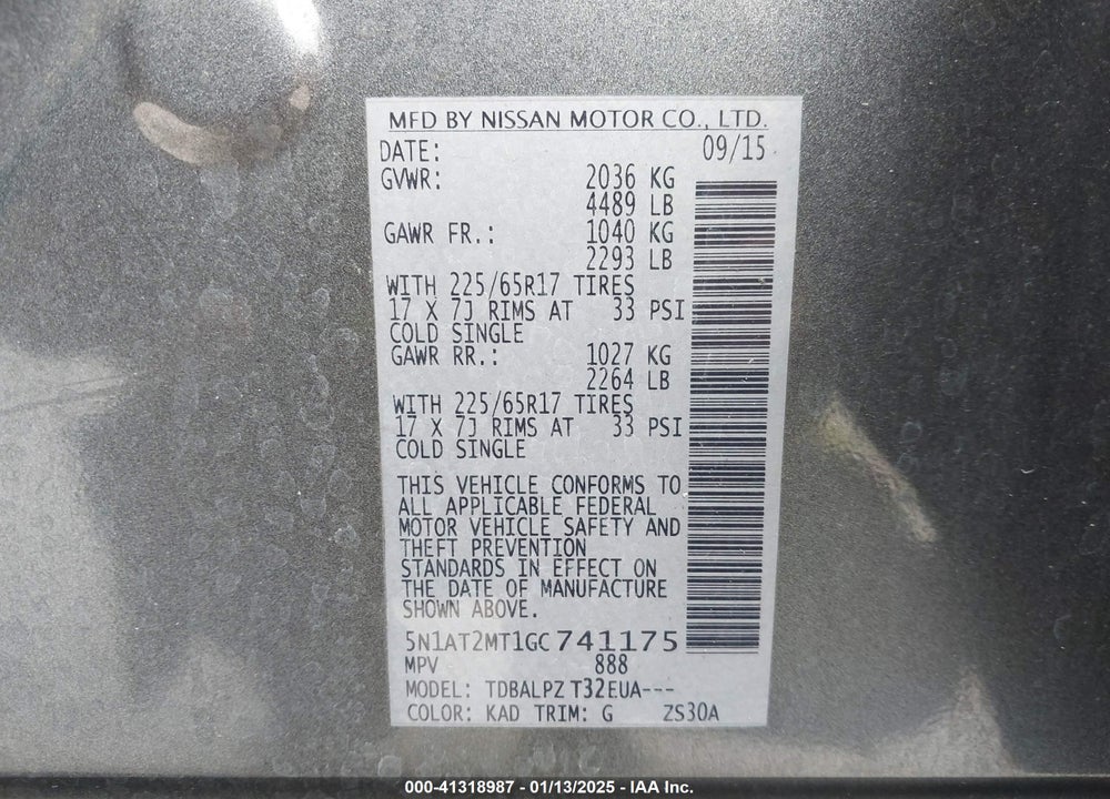 2016 NISSAN ROGUE S/SL/SV VIN: 5N1AT2MT1GC741175