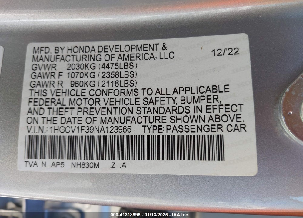 2022 HONDA ACCORD VIN: 1HGCV1F39NA123966