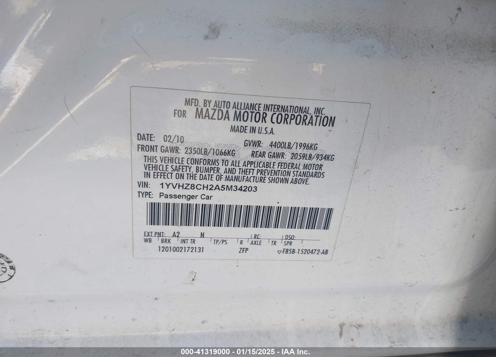 2010 MAZDA 6 I TOURING VIN: 1YVHZ8CH2A5M34203