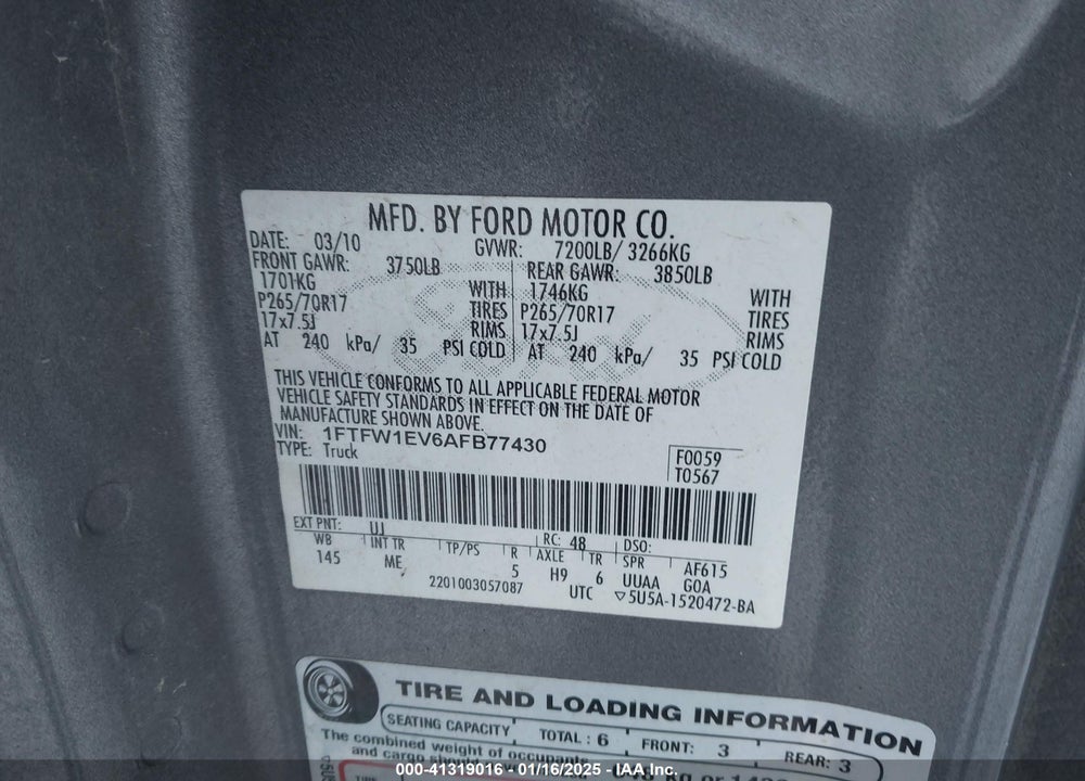 2010 FORD F-150 VIN: 1FTFW1EV6AFB77430